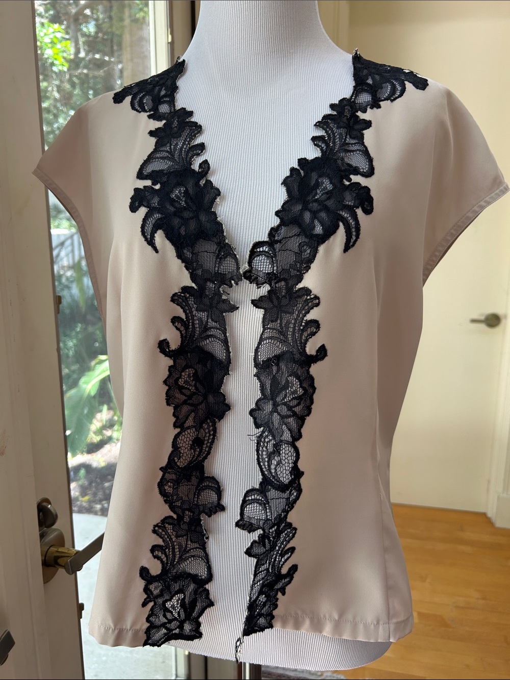 Beige Blouse with Black Floral Lace Trim